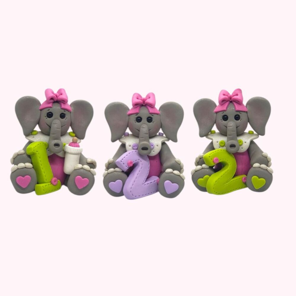 Elephant #1 #2 Baby Girl Cake Topper Handmade Polymer Clay Cute Gray Elephant